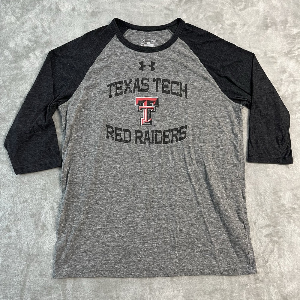 Under Armour Texas Tech Red Raiders Shirt Womens Large Gray HeatGear 3/4 Sleeve